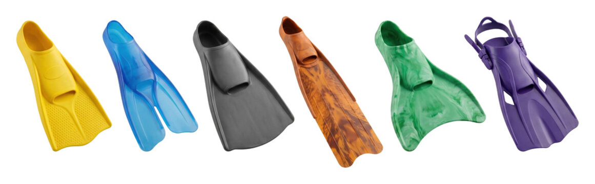 Collection of colorful swimming fins in yellow, blue, black, orange, green, and purple for diving and snorkeling, arranged in a neat row showing various designs and materials