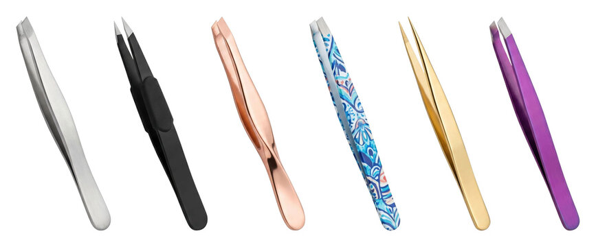 Set of six professional metal tweezers for eyebrows and cosmetic use, featuring various colors like silver, black, gold, and purple, with both slanted and pointed tips for grooming