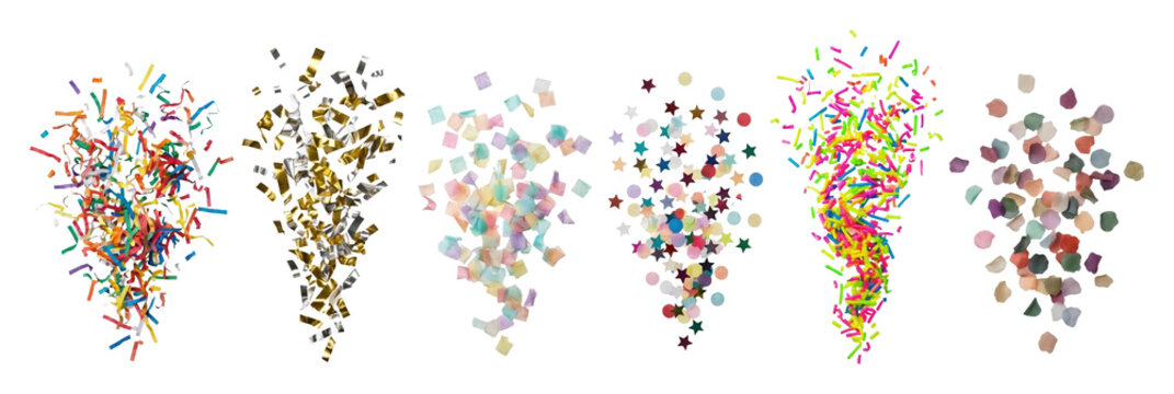 Collection of six different confetti types exploding in a festive burst, featuring streamers, metallic foil, pastel squares, colorful stars, neon sprinkles, and petals