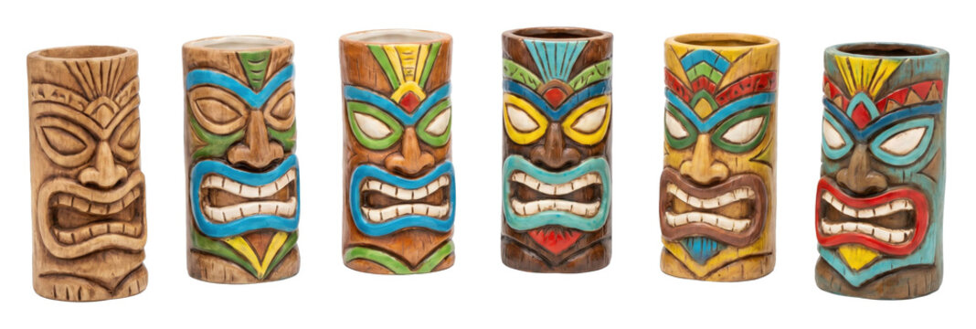 Six colorful and brown ceramic tiki mugs with angry faces are arranged in a row for serving exotic cocktails at a luau party, showing Polynesian cultural art and design
