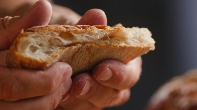 Baguette Bread torn apart by hand, fresh baguette crumb close-up macro shot showing soft airy texture