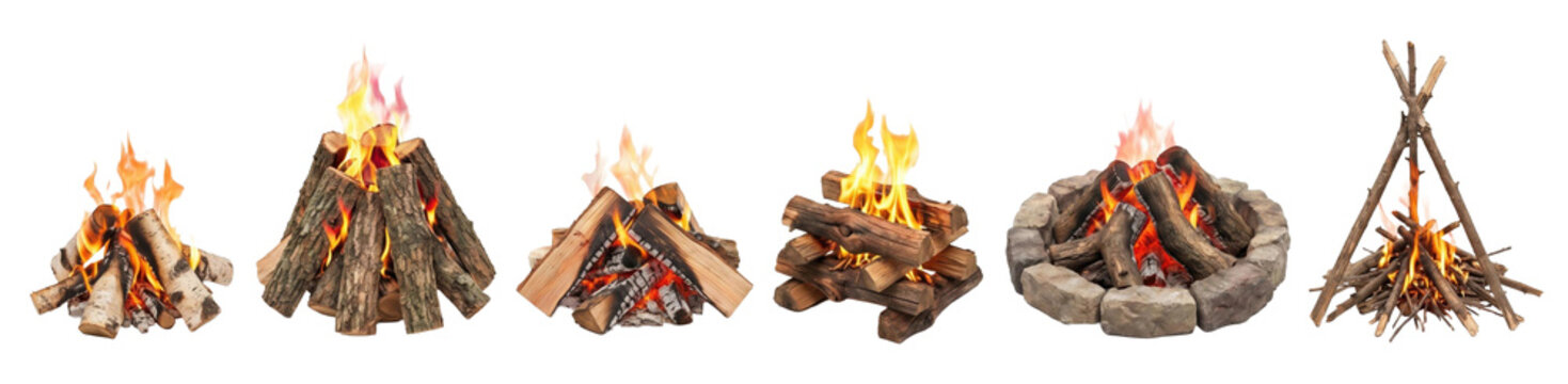 Collection of six different campfires showing various wood stacking styles, including teepee, pyramid, log cabin, and a traditional stone ring fire pit for camping