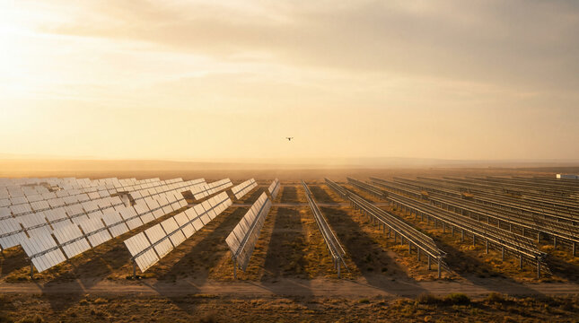 Solar cell technician inspects industrial scale solar panel field at sunset with warm light and vast desert landscape