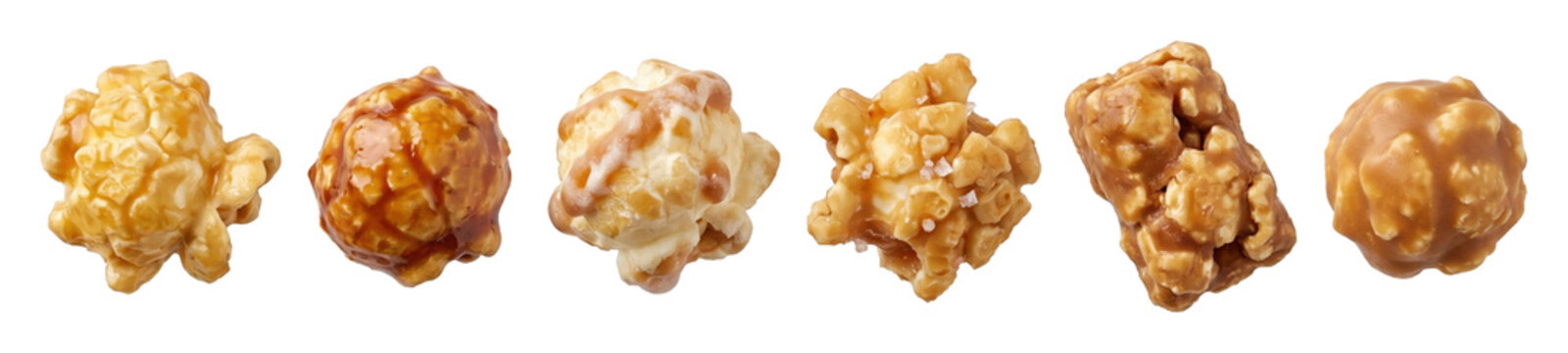 Collection of six gourmet caramel popcorn pieces showing a variety of sweet toppings, including salted caramel, nut clusters, and glaze drizzles in a detailed macro shot