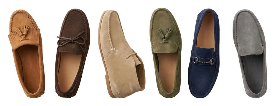 Collection of men's suede shoes including loafers, moccasins, and a chukka boot in earthy colors, neatly arranged in a row for a classic footwear assortment from a top view