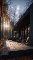 Fototapeta premium Ultra realistic professional architectural lifestyle photography, vertical composition. A modern minimalist forest house surrounded by a dense mature