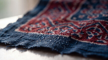 Fototapeta premium Indigo Dye Particles: Close-up macro shot reveals tiny blue indigo dye particles scattered on the textured surface of a woven fabric, hinting at traditional dyeing processes.