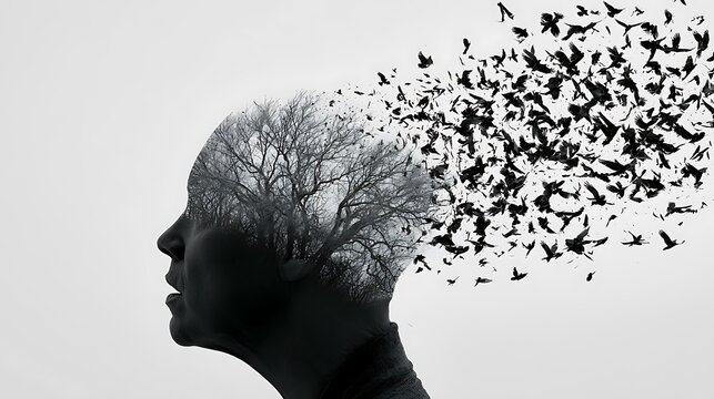 Prompt: A melancholic fine-art portrait. Inside a sharp black human head silhouette is a double-exposed view of bare, wintry tree branches, with a chaotic flock of hundreds of black crows flying 