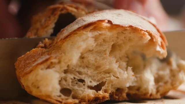 Baguette Bread torn apart by hand, fresh baguette crumb close-up macro shot showing soft airy texture