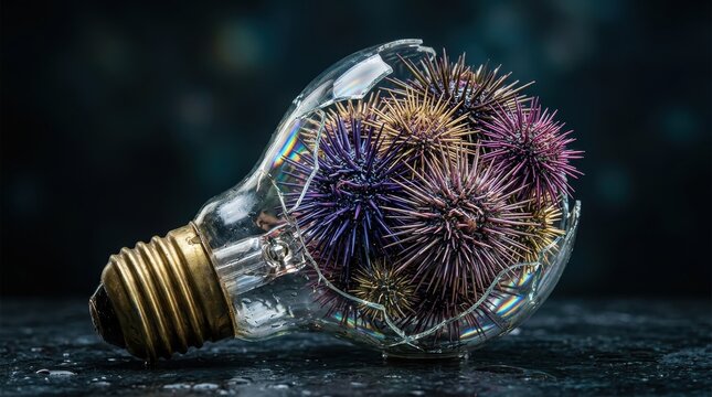 Sea urchins inside a broken light bulb