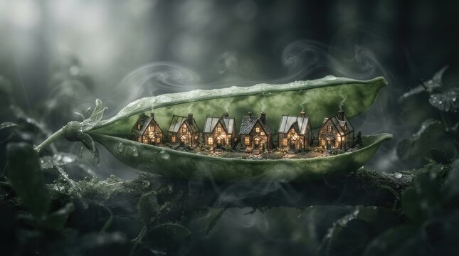 Tiny houses inside a pea pod in nature