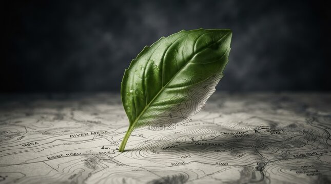 Green leaf placed on topographic map