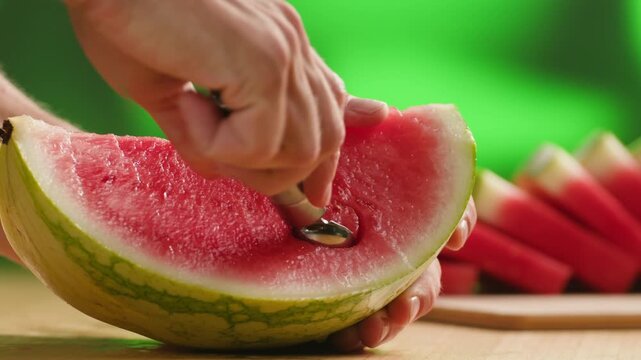 Man cutting watermelon - cut piece with knife. Young watermelons Citrullus lanatus. Topic - melons and gourds, farmer cultivation of watermelons