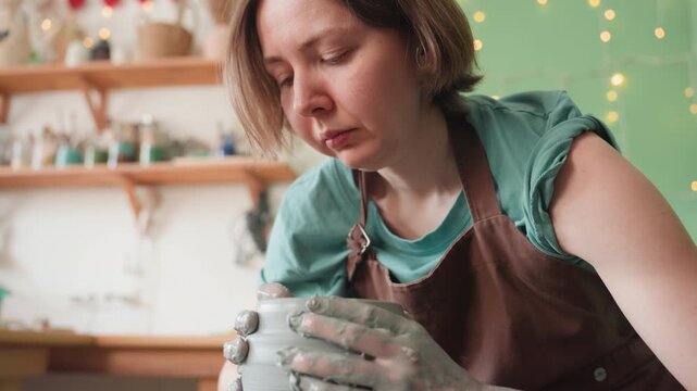 Caucasian woman throwing clay on wheel, dynamic studio scene with wet hands covered in clay, stained apron, closeup rotation motion, tactile textures and splashes, focused expression, tools on shelves