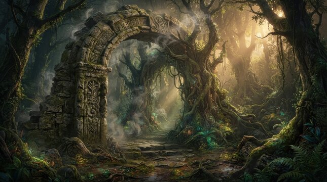 Ancient stone archway in a mystical forest