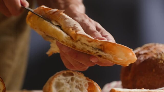 Baguette Bread torn apart by hand, fresh baguette crumb close-up macro shot showing soft airy texture