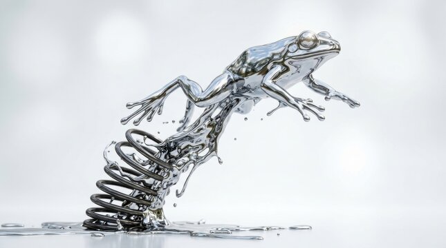 Metallic frog jumping from a coiled spring
