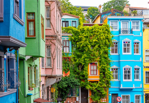 Balat District in Istanbul. Colorful houses in old city Balat. Fatih, Istanbul, Turkey.