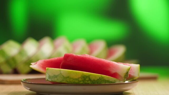 Man cutting watermelon - cut piece with knife. Young watermelons Citrullus lanatus. Topic - melons and gourds, farmer cultivation of watermelons