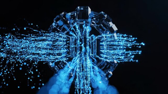 Neural network abstract data nodes flow digital space with glowing blue light forming futuristic technology design and ring
