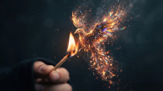 Fiery phoenix emerging from a lit match