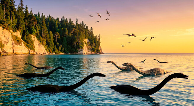 Ancient plesiosaurs swimming in a calm ocean during a golden sunset. Prehistoric landscape with flying pterosaurs and pale cliffs covered in deep green forest
