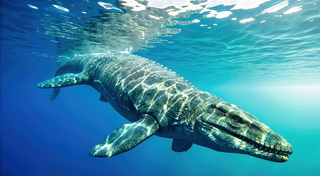 Ancient mosasaur swimming underwater in the ocean. Large prehistoric marine predator with sunlit caustic patterns on gray green skin. Dinosaur era aquatic life