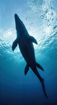 Vertical underwater silhouette of an ancient marine giant. Backlit mosasaur swimming towards the bright ocean surface in deep blue water. Prehistoric dinosaur era predator