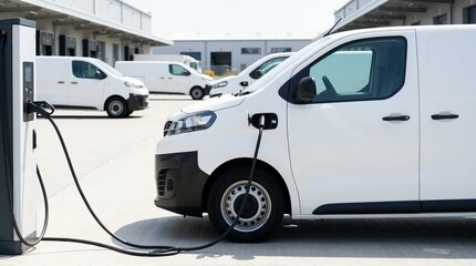 Fototapeta premium Electric delivery van charging at a station. Fleet of white commercial vehicles at a logistics warehouse. Sustainable transport concept