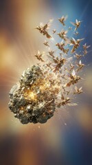 Fototapeta premium Steampunk mechanical hummingbirds emerging from a glowing golden asteroid