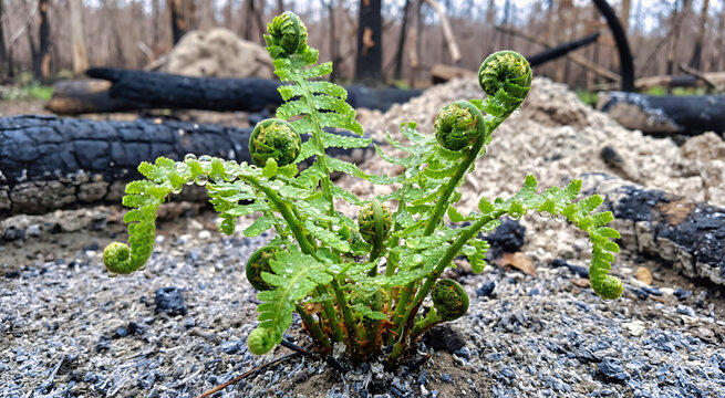 Green fern fiddleheads with water droplets growing in gray ash. Prehistoric forest recovery concept with charred logs
