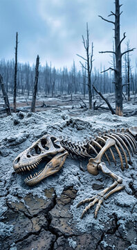 Dinosaur skeleton in a barren volcanic landscape. Fossilized bones on cracked mud with charred trees. Prehistoric extinction era concept
