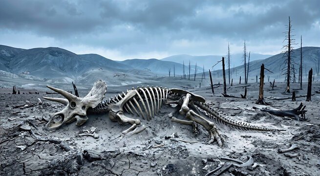 Triceratops skeleton on a cracked volcanic ash plain. Fossilized dinosaur bones in a barren landscape with dead trees. Prehistoric extinction era