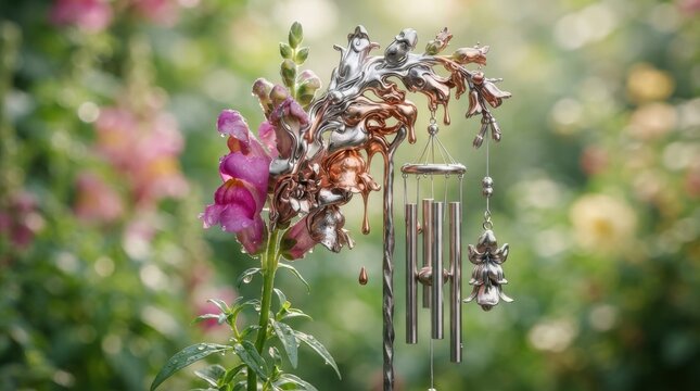 Metallic flower sculpture with hanging wind chimes in a garden