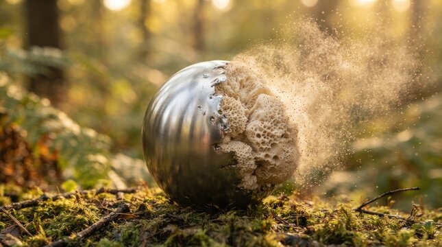 Metallic sphere morphing into natural fungus in forest