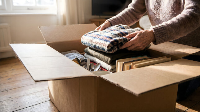 Person packing clothes into a cardboard box for moving house or organizing personal belongings at home in a room