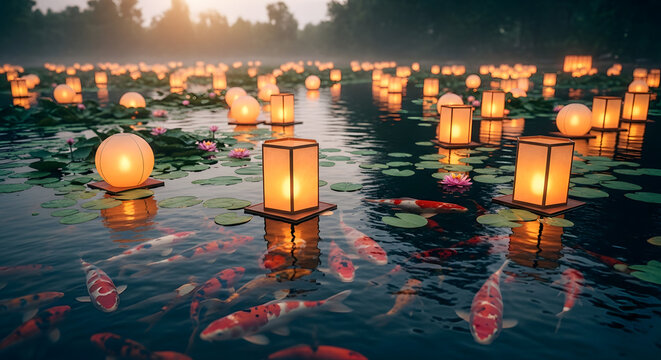 Floating lanterns on water with koi fish and lily pads.