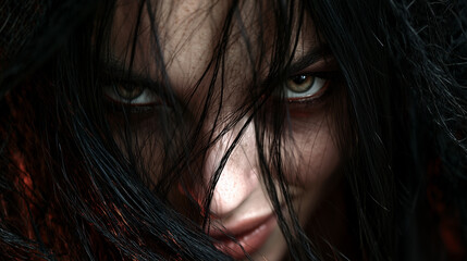 Fototapeta premium haunting gaze of a beautiful witch, beautiful witch with a mysterious haunting gaze, mystical portrait of a bewitching witch