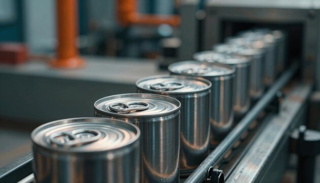 Canned Food Production Line on Industrial Conveyor Belt