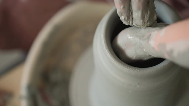 Steady wheel turning with control. Maintaining consistent rhythm while shaping pottery. Focused demonstration emphasizes gentle and steady movements during clay centering process on wheel