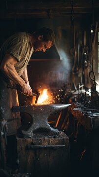 Ultra realistic professional documentary photography inside a traditional blacksmith workshop, blacksmith shaping glowing hot metal on an old anvil