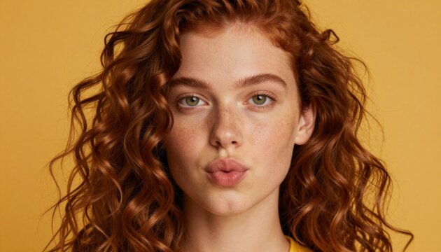 Curly Redhead Woman With Freckles Blowing a Kiss