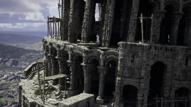 Ancient balcony colonnade overlooking sprawling valley, parapet details, distant rooftops visible, windswept vegetation, dramatic depth and perspective.