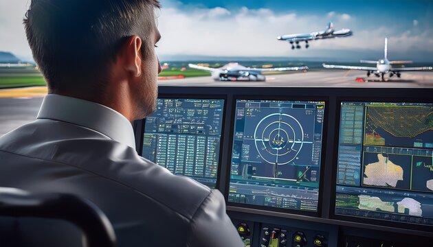 close up of air traffic control screen showing flight paths and radar signals with a professional controller and busy airport in the background