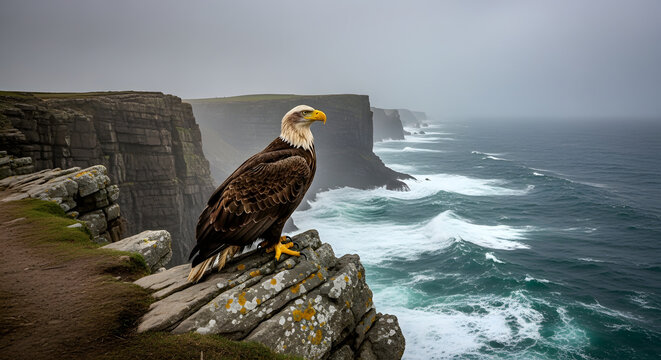 Majestic golden eagle perched on rocky cliff edge.