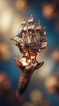 Metallic antique ship emerging from a clove spice