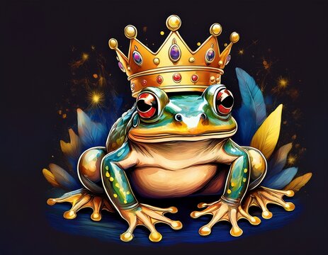 charming frog with golden crown in vibrant watercolor style on dark background