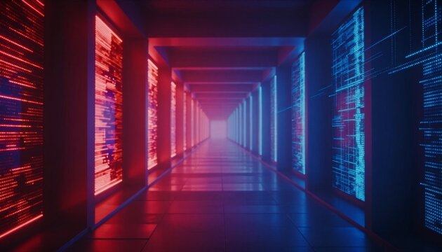 Futuristic Digital Tunnel with Glowing Binary Data Walls