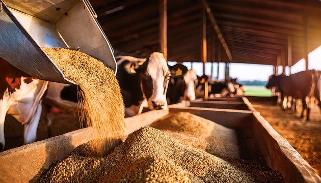 close up of grain pellets pouring from a feed scoop into a feeding trough in a cattle barn with cows blurred in the background