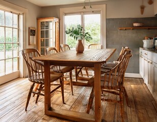 Fototapeta premium vintage kitchen dining nook featuring a solid walnut table mismatched chairs and a ceramic vase with greenery in soft morning light